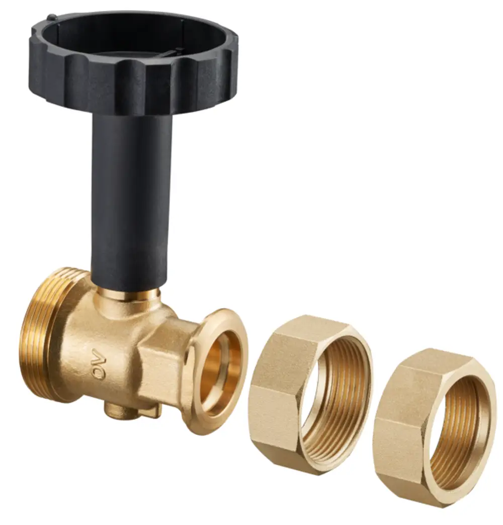 Oventrop Kugelhahn mit schwarzem Griff, Messinganschluss und zwei passenden Gewindemuffen. Eignet sich für Heizungsinstallationen und Wasserleitungen.